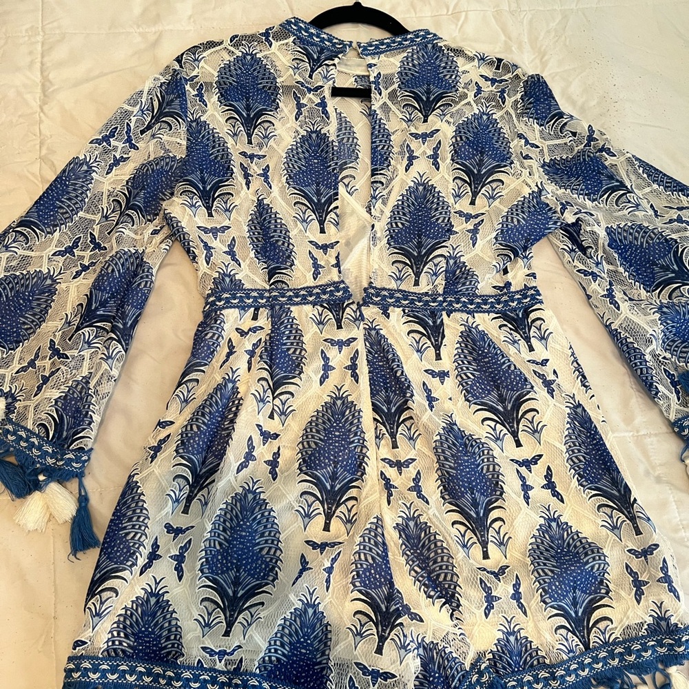 Blue and White lace Patterned Romper